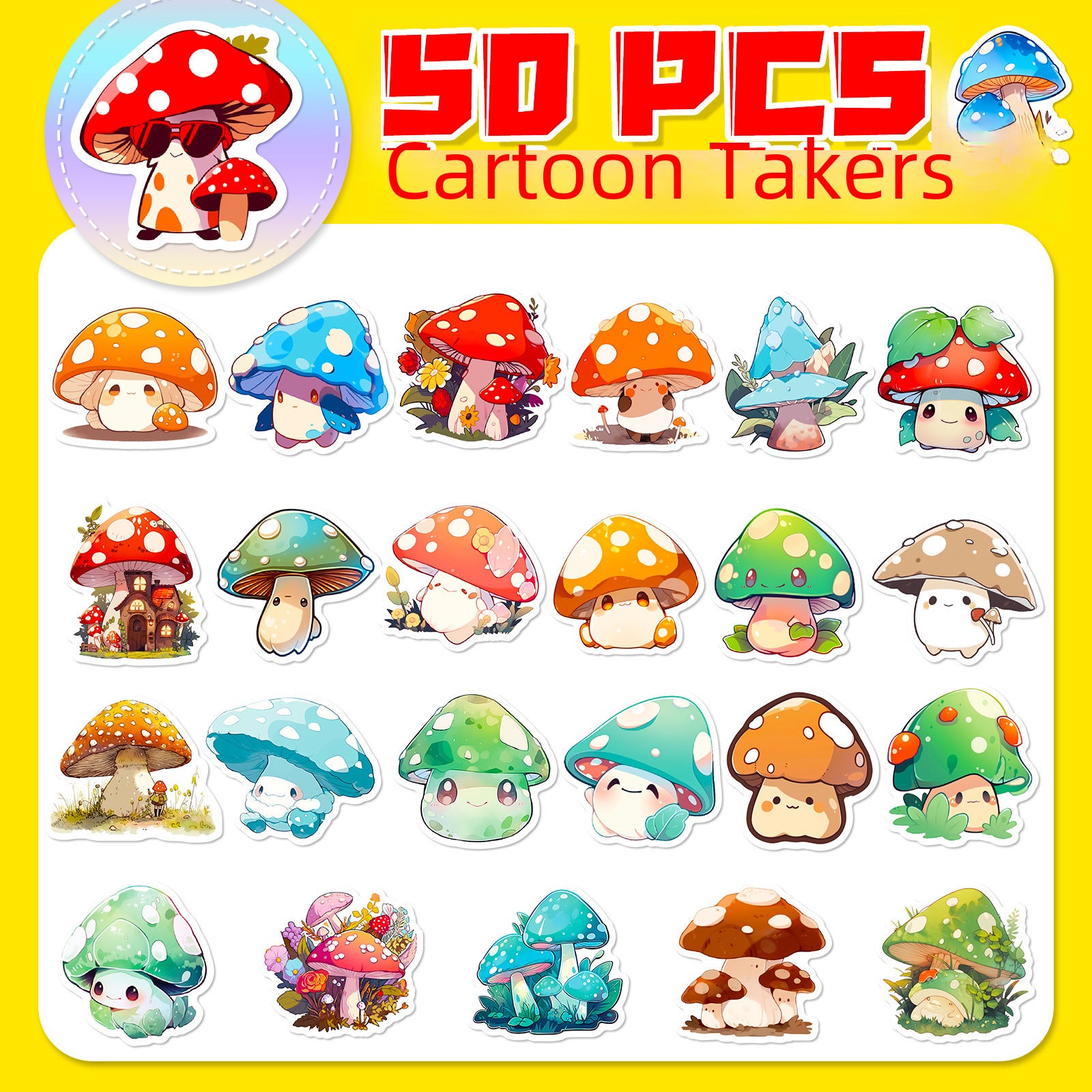 Wholesale 50pcs Mushroom Stickers Psychedelic Retro Cute Color Graffiti Stickers